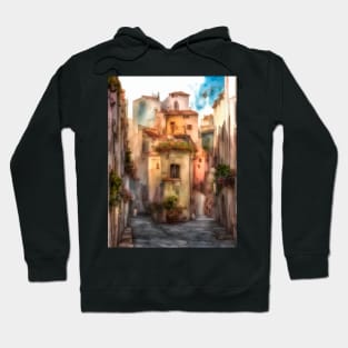 narrow street with colorful houses and children Hoodie